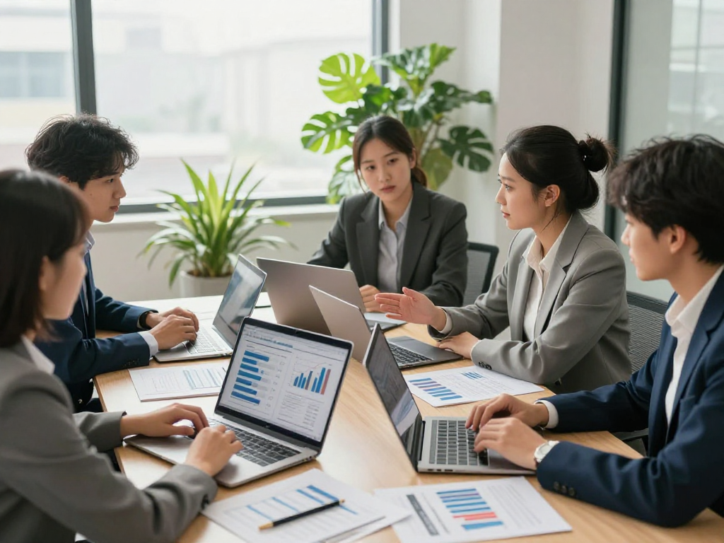 Professionals bespreken een zakelijke lening in moderne kantooromgeving met laptops en documenten.