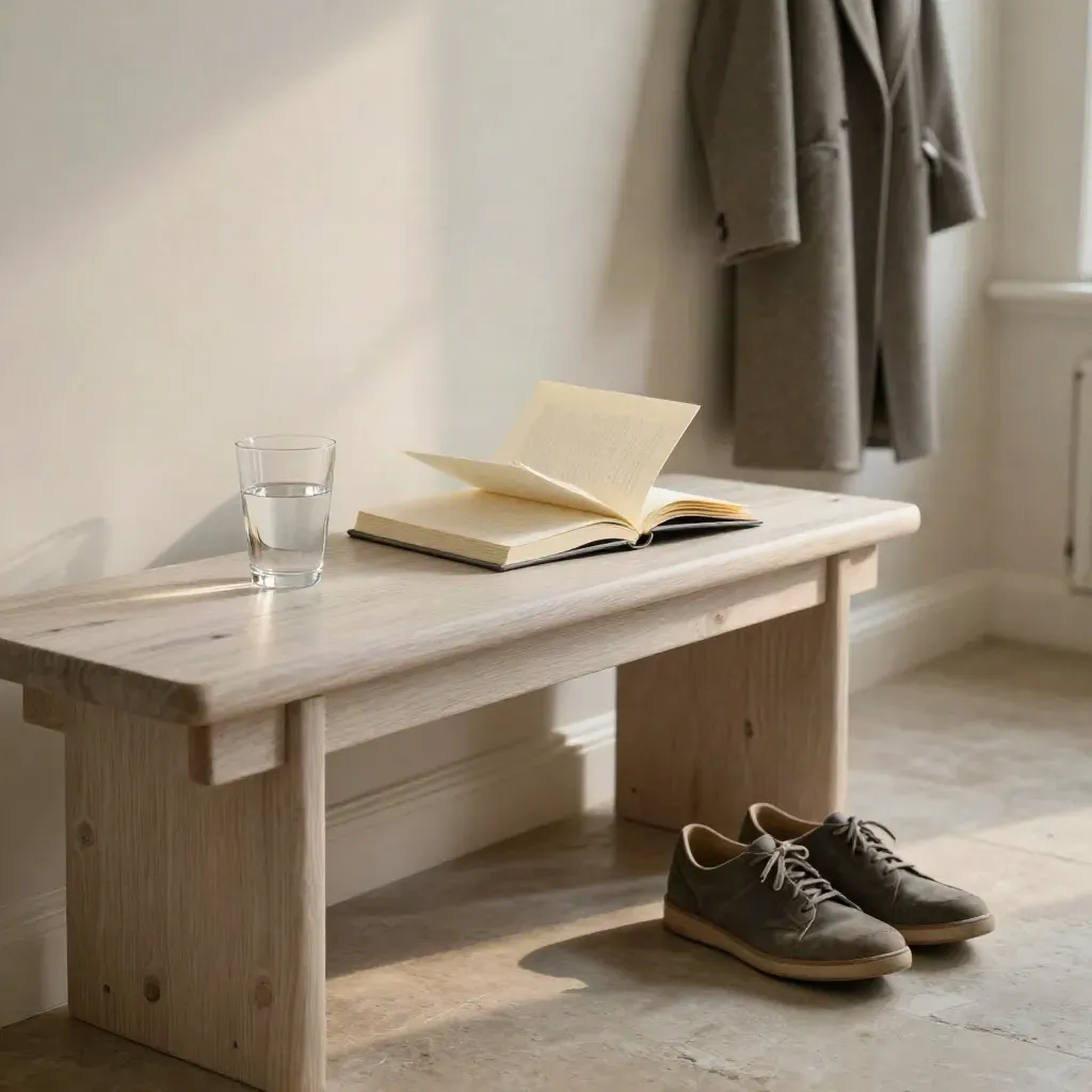 Lichte gangbank met open notitieblok, waterglas en nette schoenen bij zonsopkomst.