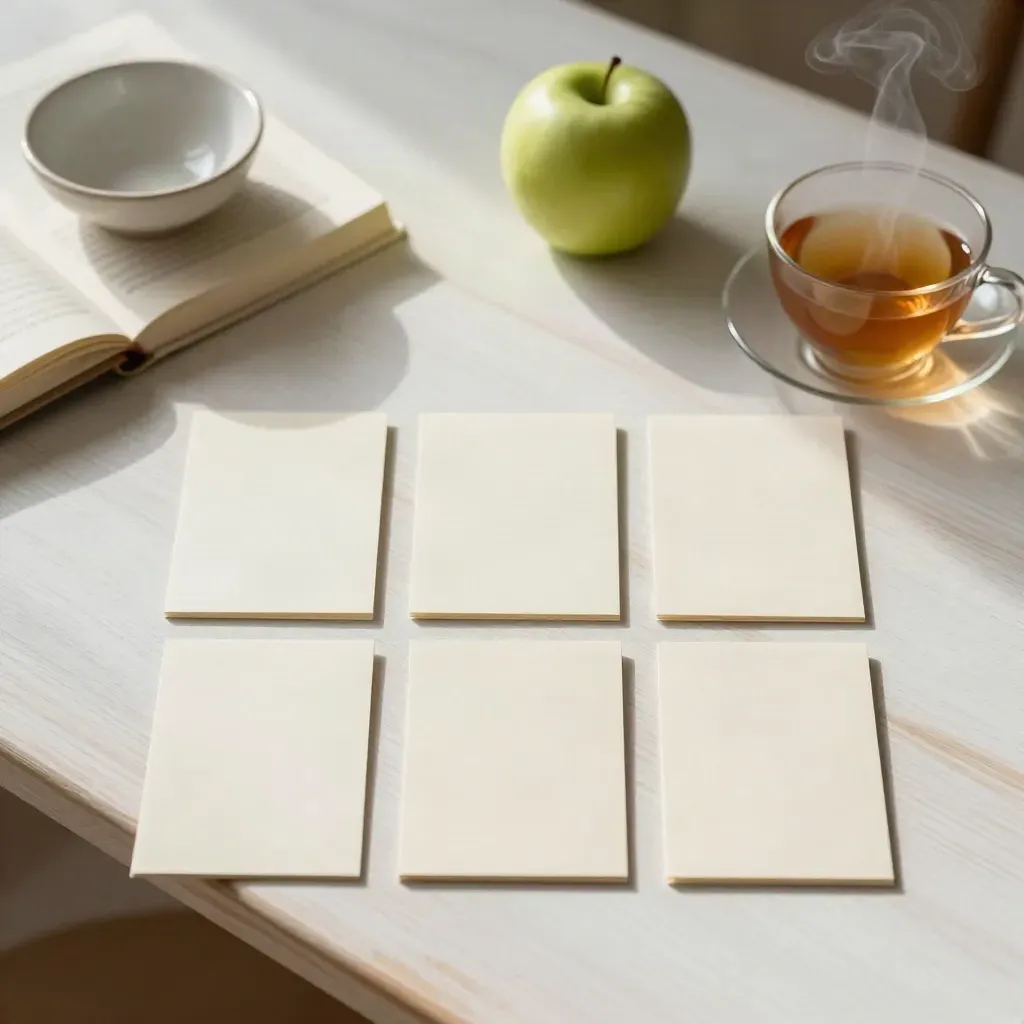 Bovenaanzicht van een zondagse resettafel met zeven gevouwen kaartjes, journal, schaal, appel en dampende thee.
