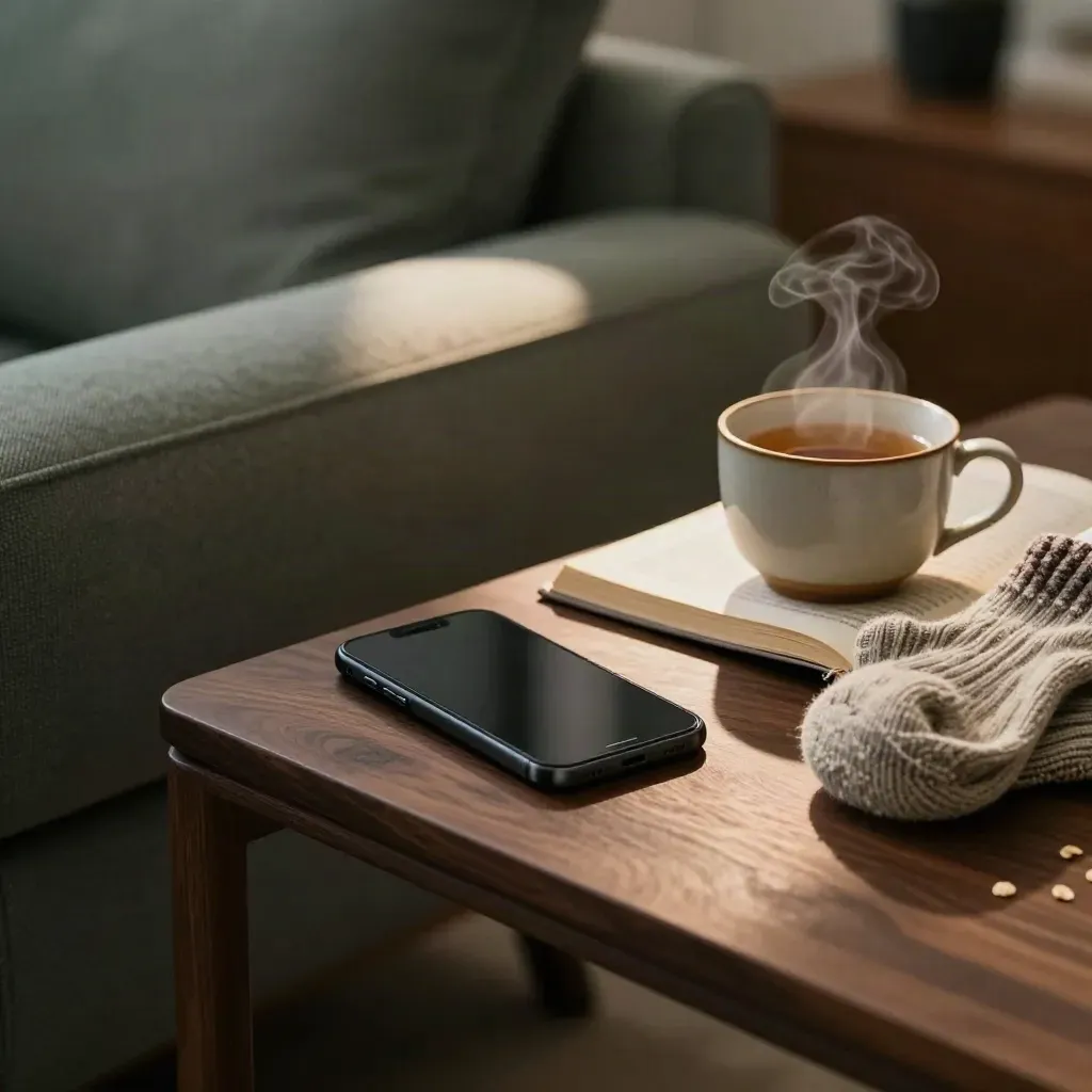Avondtafel naast de bank met telefoon, boek, sokken, thee en een zachte plaid in schemerlicht.