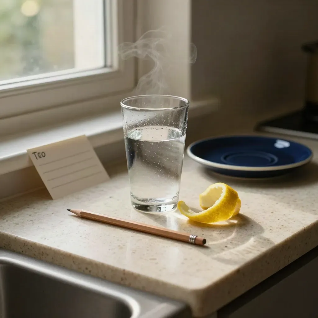 Ochtendritueel op travertin aanrecht met waterglas, citroenschil, potlood en lege to-do kaart bij het raam.