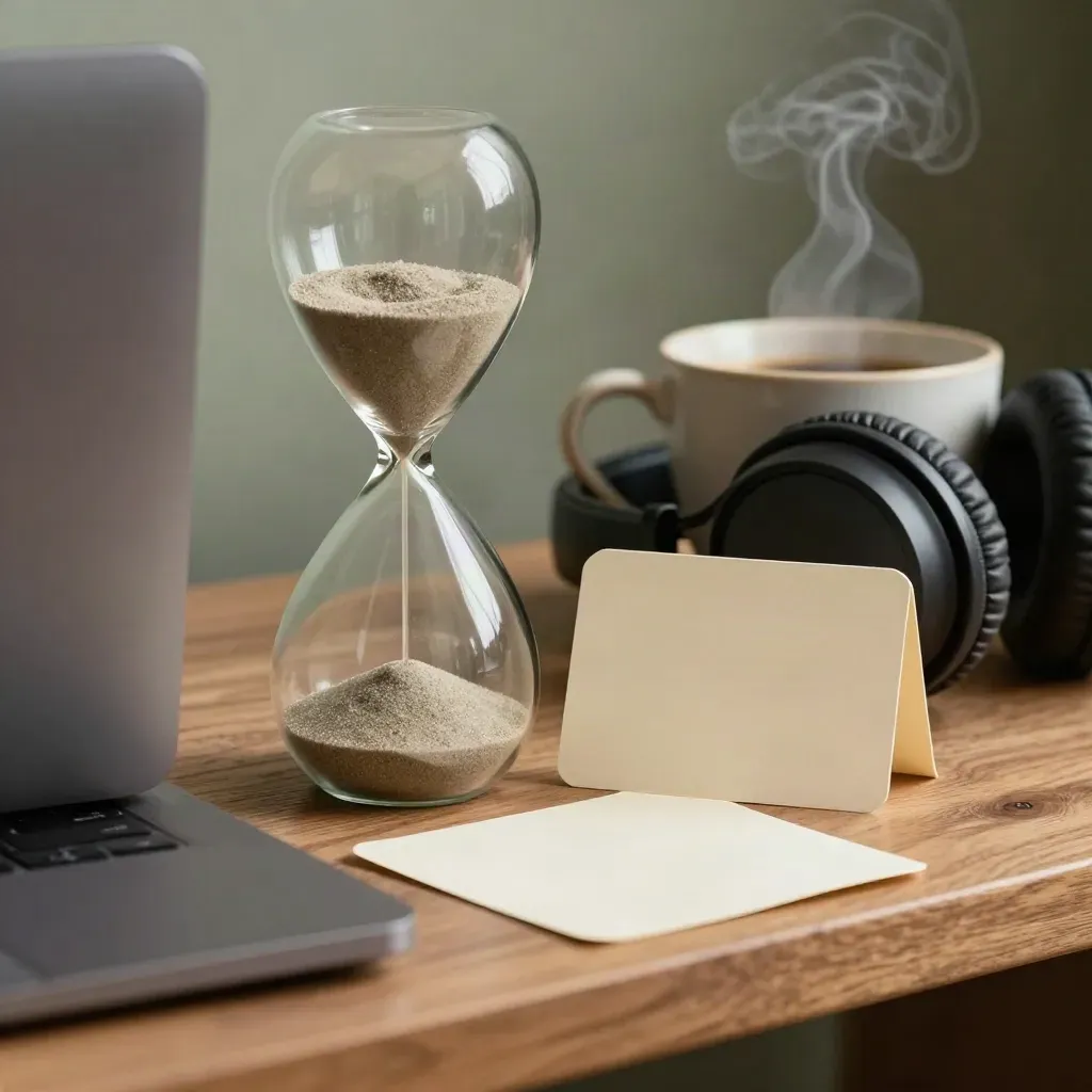 Sluitende laptop, zandloper, koffiekop en koptelefoon met twee planningcards in warm licht.