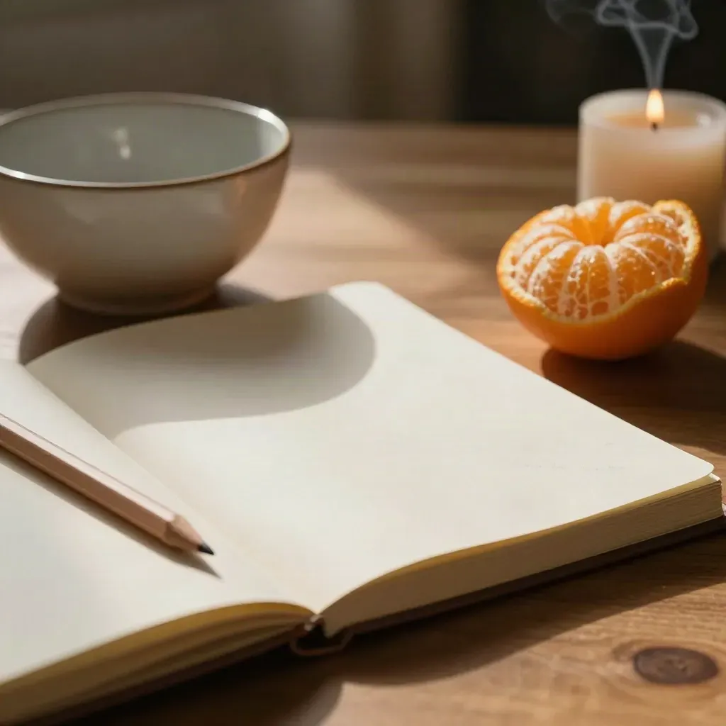Open reflectiejournal, sinaasappel, kom en kaars op een warme houten tafel in ochtendlicht.