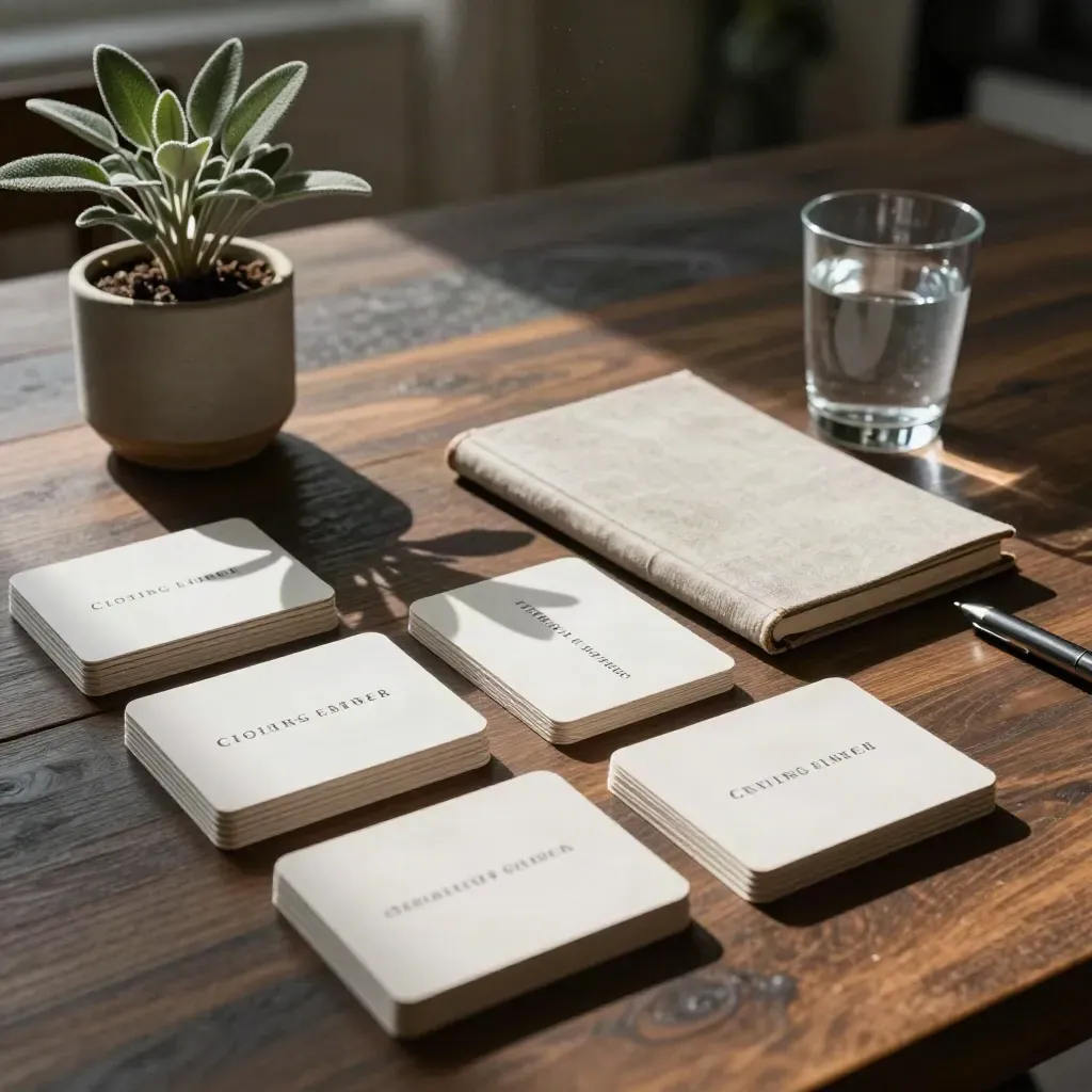 Maandcheck op eettafel met kaarten, journal, plant, waterglas en pen in zacht dramatisch licht.