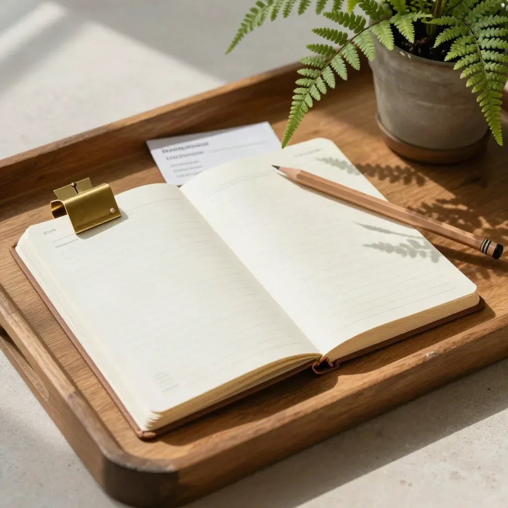 Maandplanner met messing gewicht, potlood en varen op houten tray.