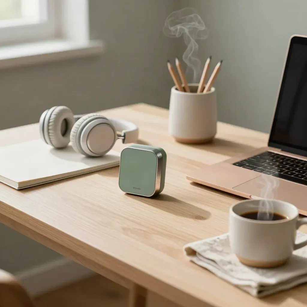 Focus-timer, gesloten laptop en koptelefoon op een licht houten bureau met zachte saliegroene accenten.